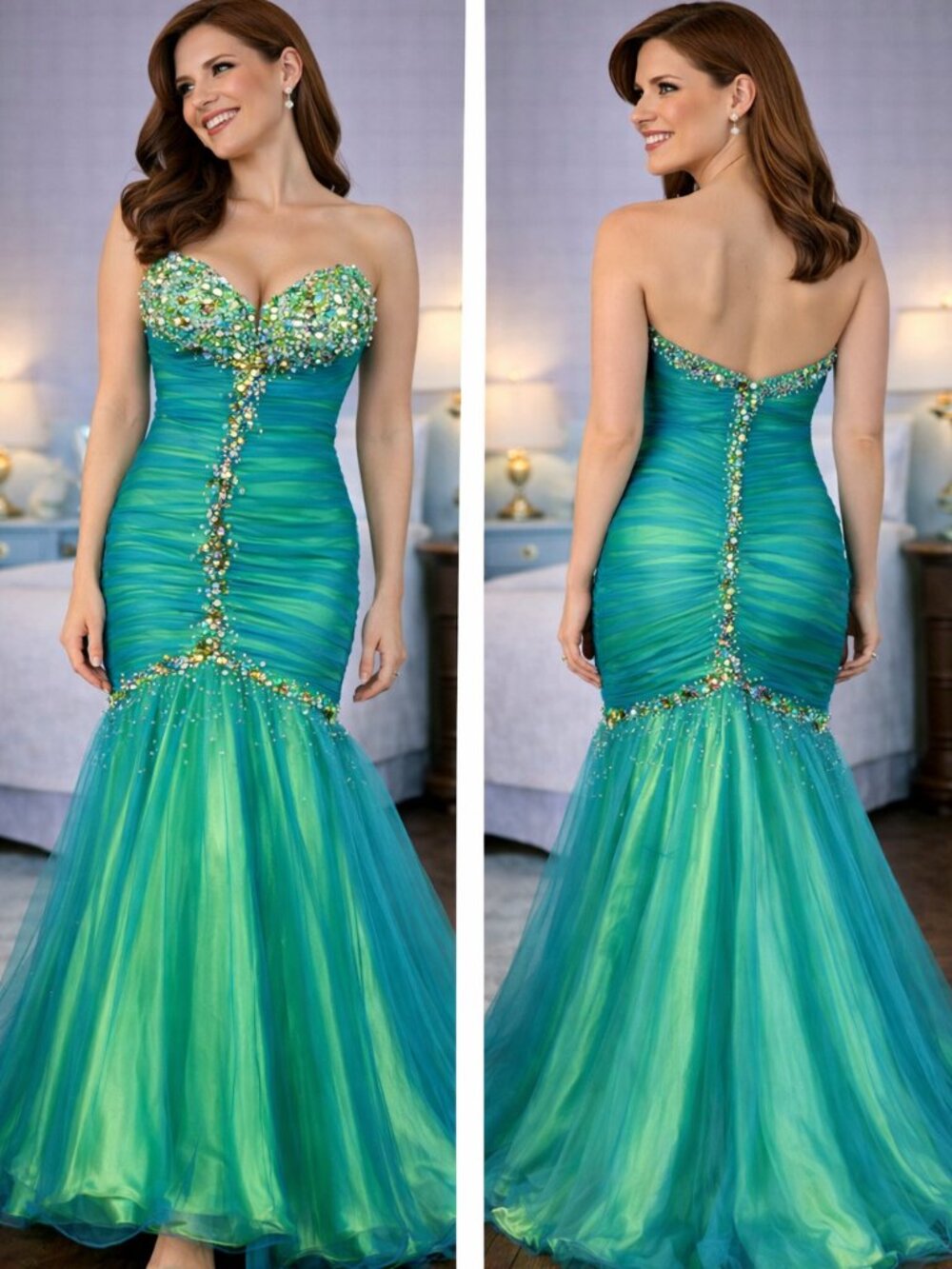 Camille La Vie Turquoise Strapless Mermaid Y2K Formal Gown $400